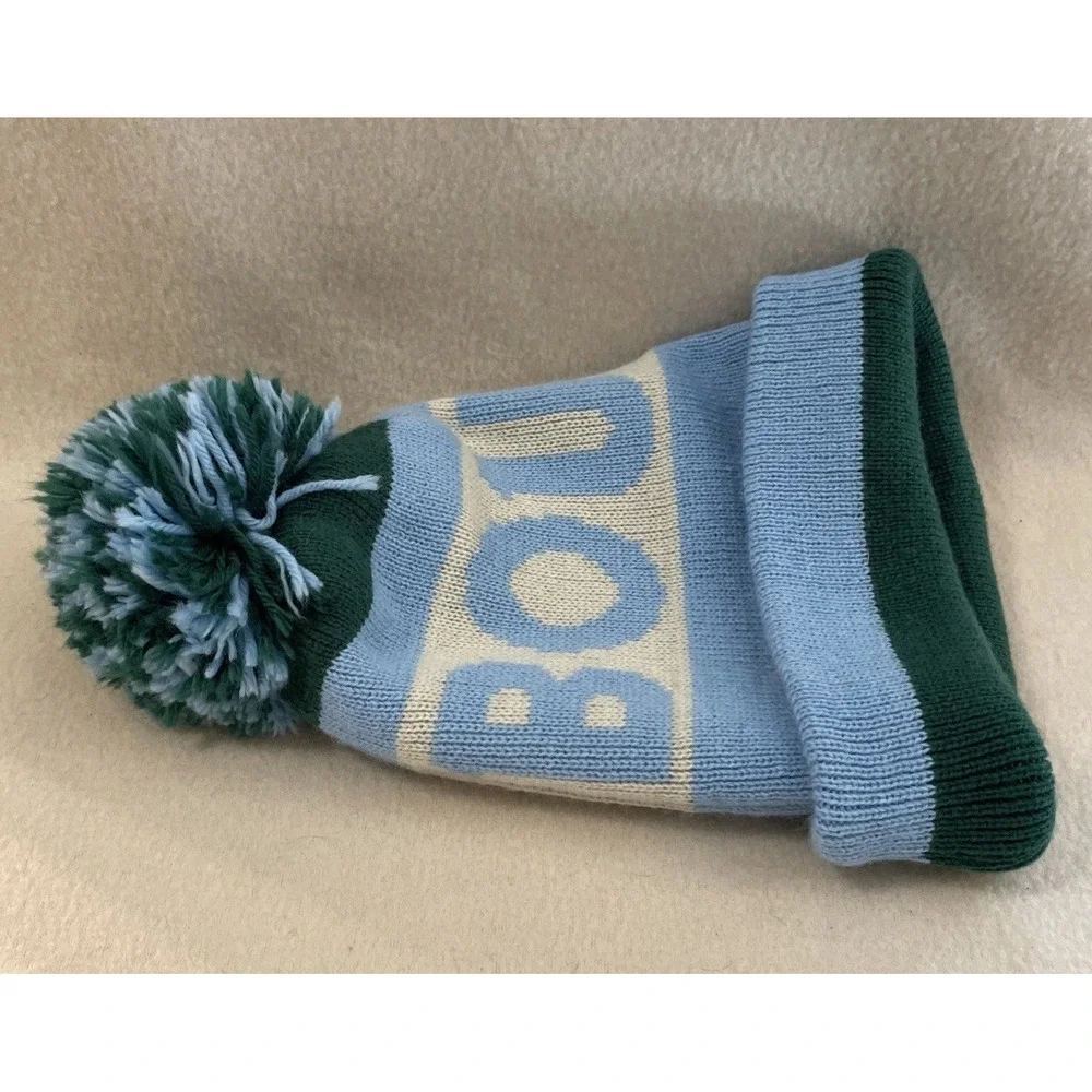 Target 2009 Vintage Look Boulder Pom Pom beanie Ski Sock hat blue & Green Ivory